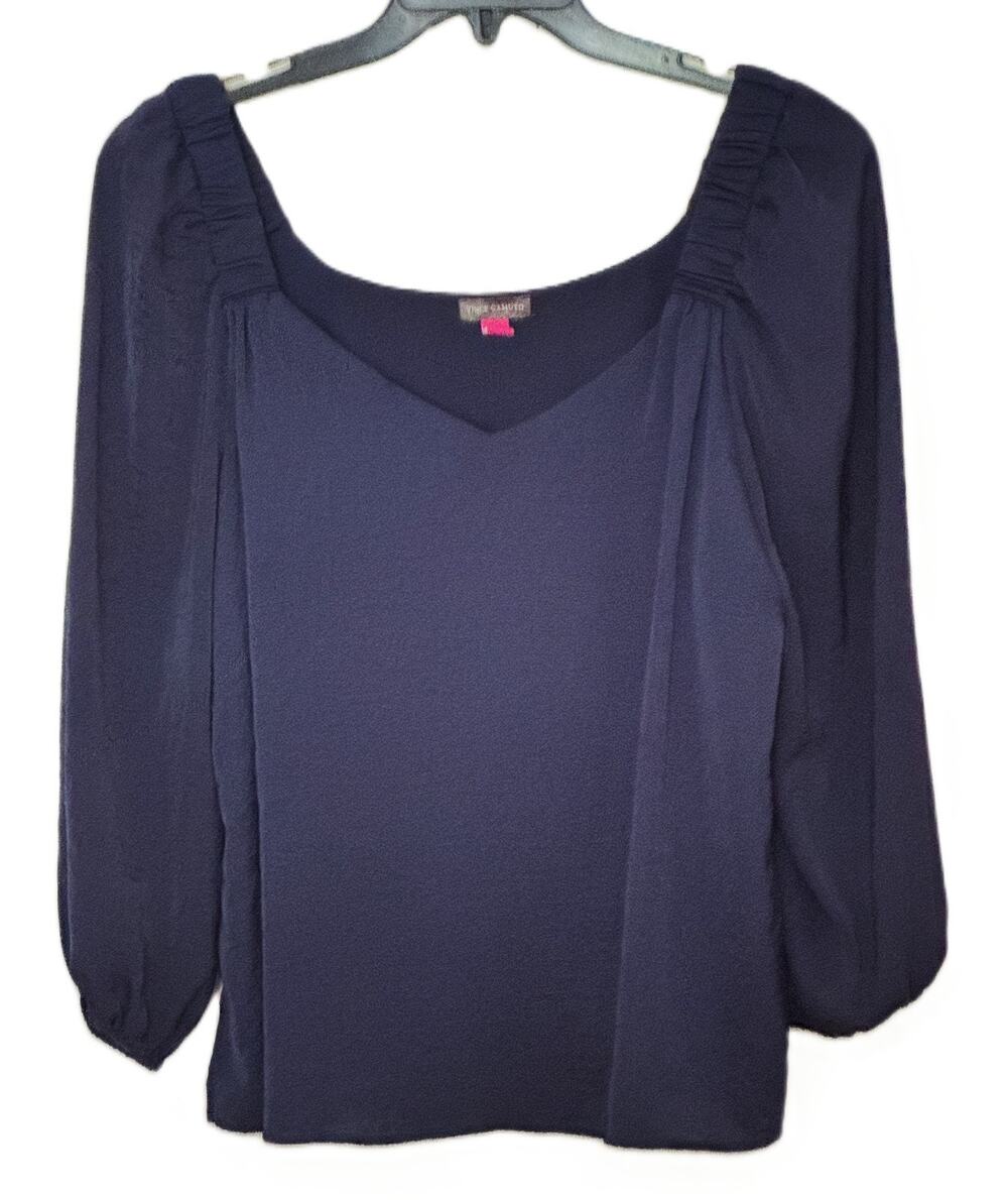 Vince Camuto Rumple Blouse L XL Navy Blue Sweetheart V-Neck Ruched Shoulder Top